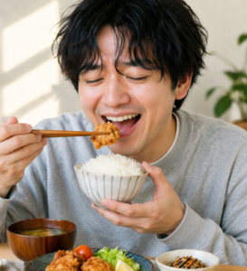 おいしそうにご飯を食べる男性