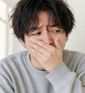口元を隠す男性